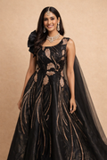 UMA SUTRA Black & Rose Gold Embroidered One-Shoulder Gown