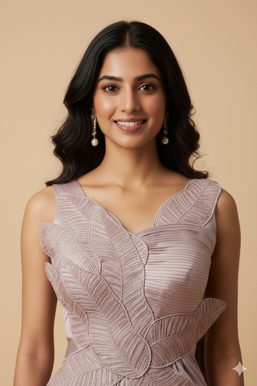 UMA SUTRA Blush Mauve Designer Pre-Draped Saree with Leaf Embroidered Blouse – Premium Ready-to-Wear Party & Wedding Wear