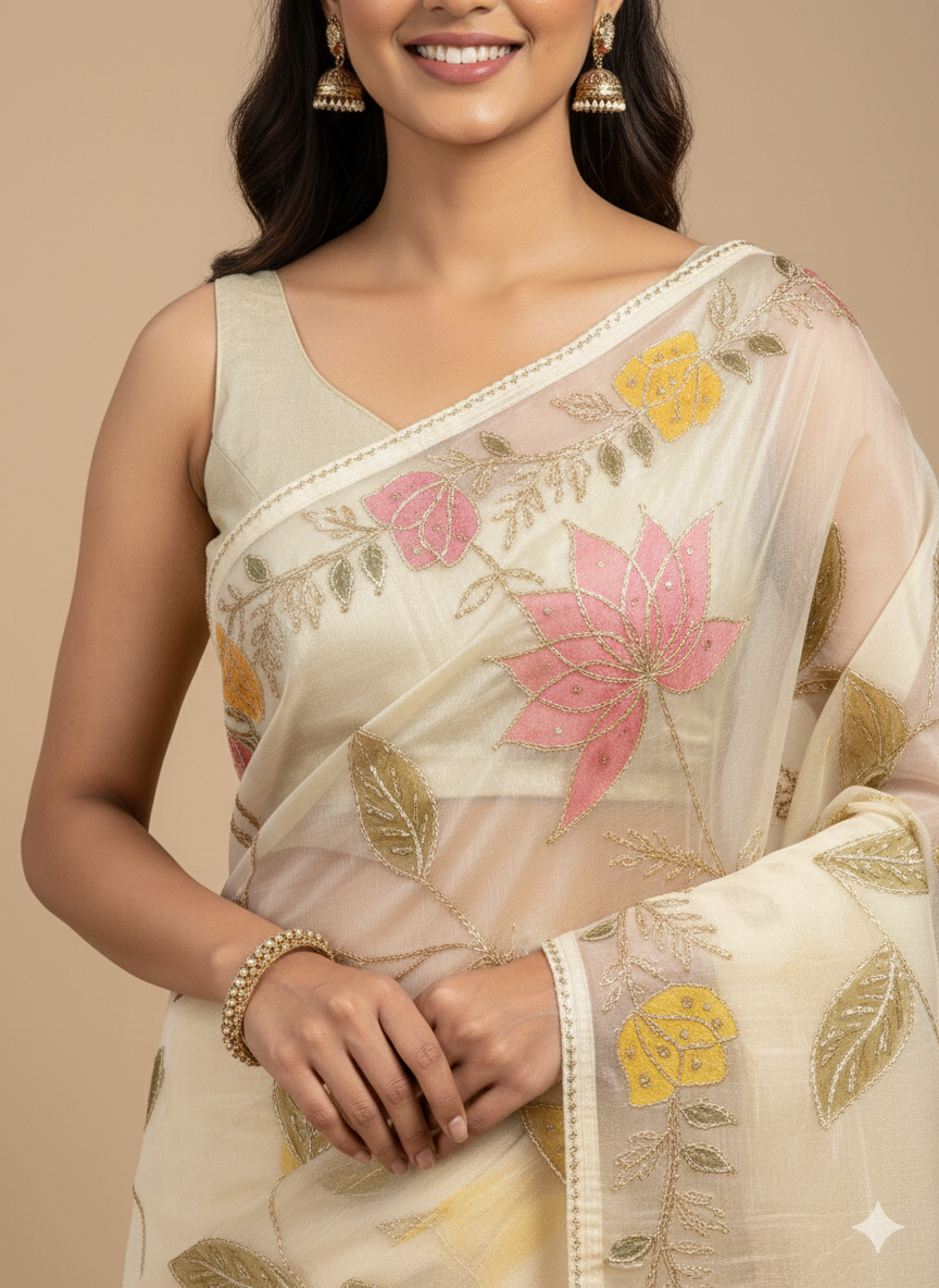 UMA SUTRA Ivory Floral Organza Saree – Elegant Handcrafted Ethnic Wear for Women