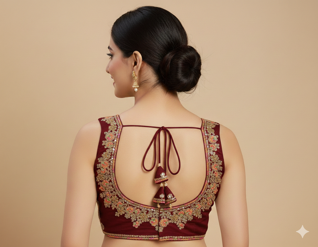 ​UMA SUTRA | The Aavya Embroidered Silk Bustier Blouse back view 