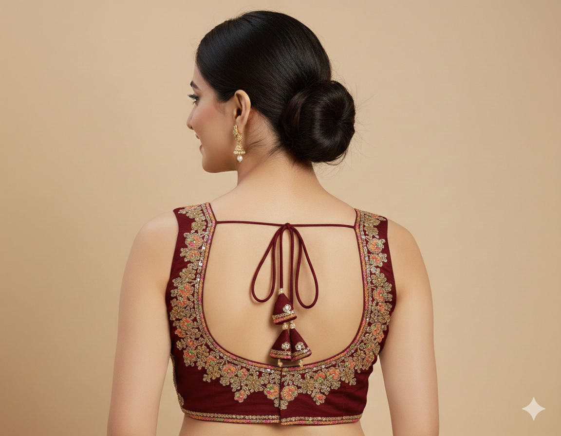 ​UMA SUTRA | The Aavya Embroidered Silk Bustier Blouse back view 