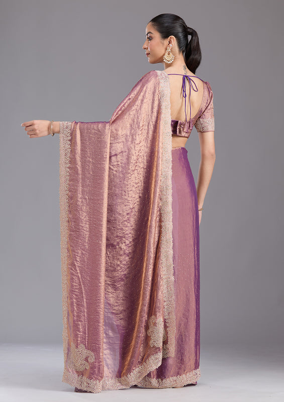 UMA SUTRA Tissue Saree with Gold Stonework Embroidery back view 
