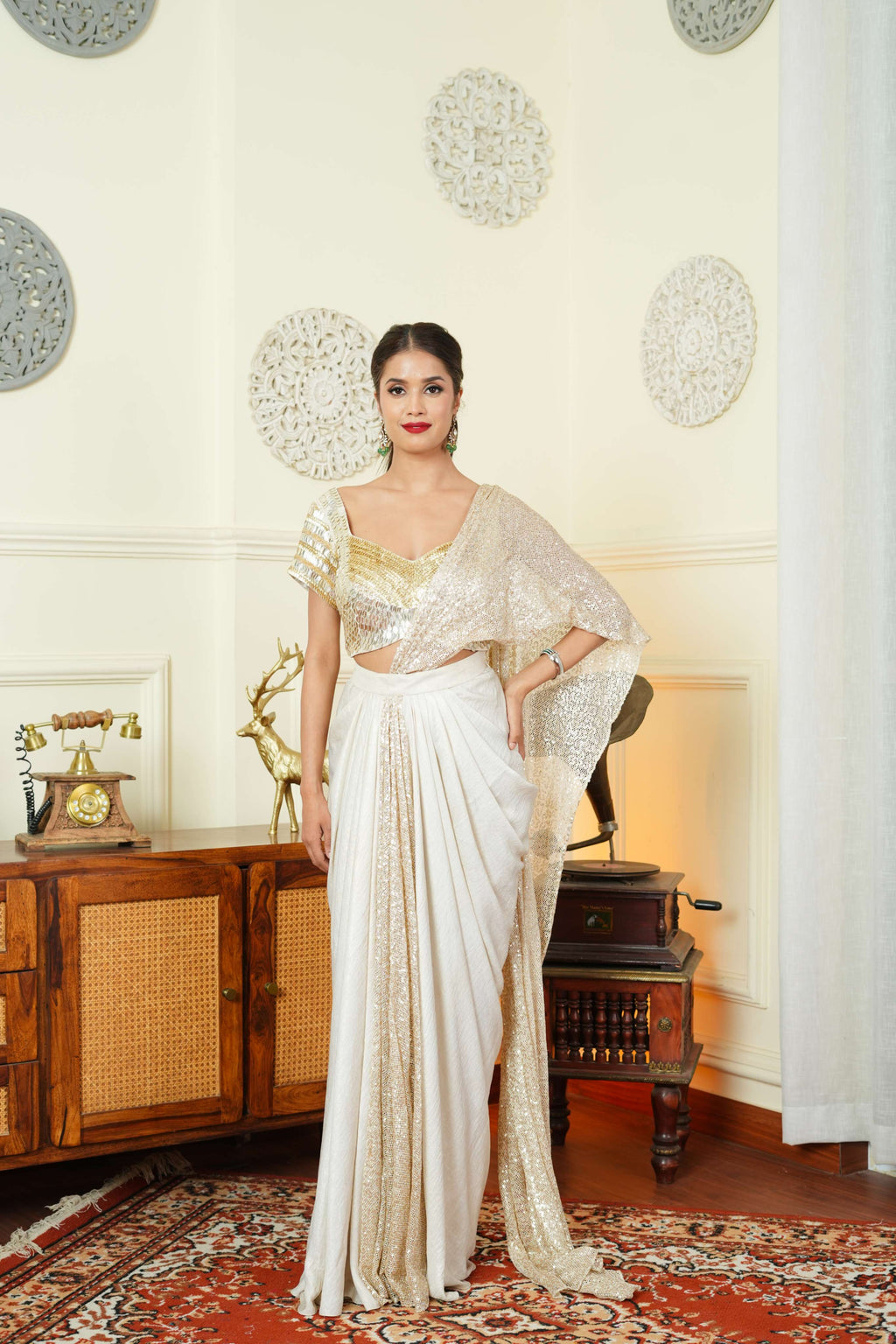UMA SUTRA Golden Dual Tone Drape Saree full view