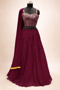 UMA SUTRA Wine Mirror Work Lehenga Set – Designer Wedding & Festive Wear for Women
