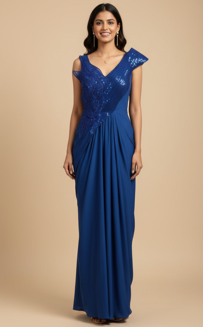 UMA SUTRA Royal Blue Sequin Embellished Pre-Draped Saree Gown full view 