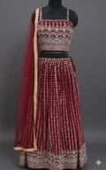 UMA SUTRA Maroon Embroidered Non-Bridal Lehenga Set with Dupatta