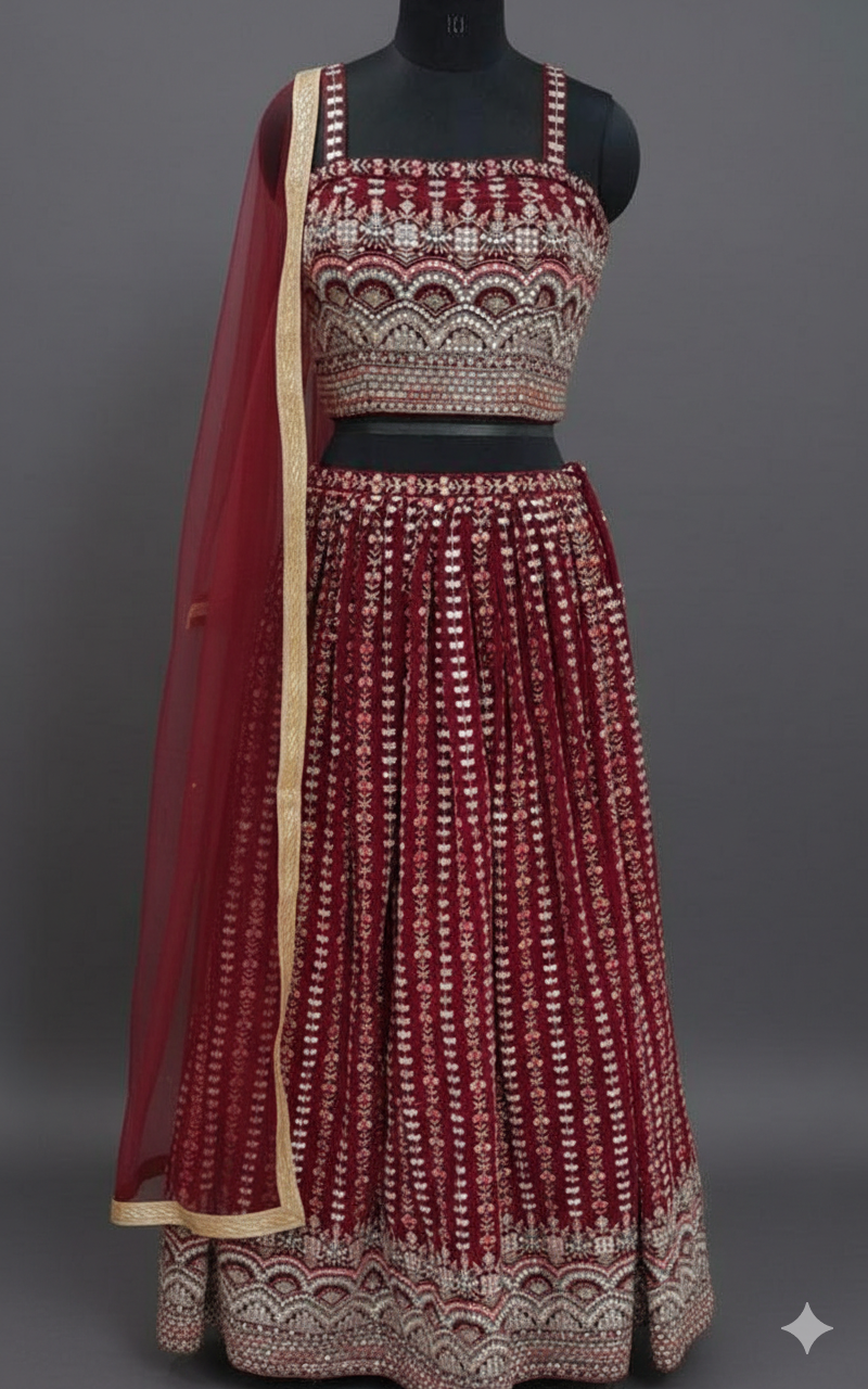 UMA SUTRA Maroon Embroidered Non-Bridal Lehenga Set with Dupatta