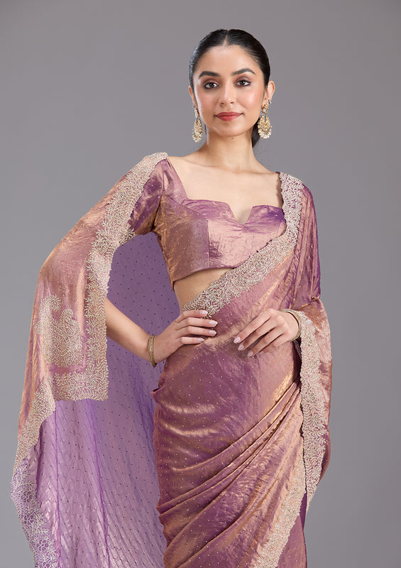 UMA SUTRA Tissue Saree with Gold Stonework Embroidery