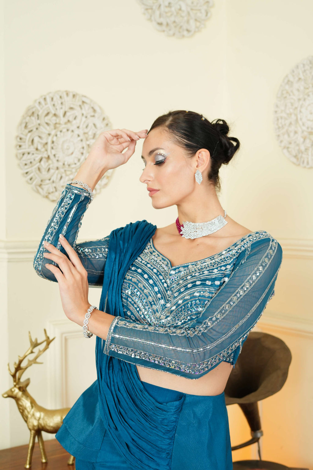Teal Blue Saree Lehenga Style Indo Western with Stone & Sequins Work by UMA SUTRA close up view 