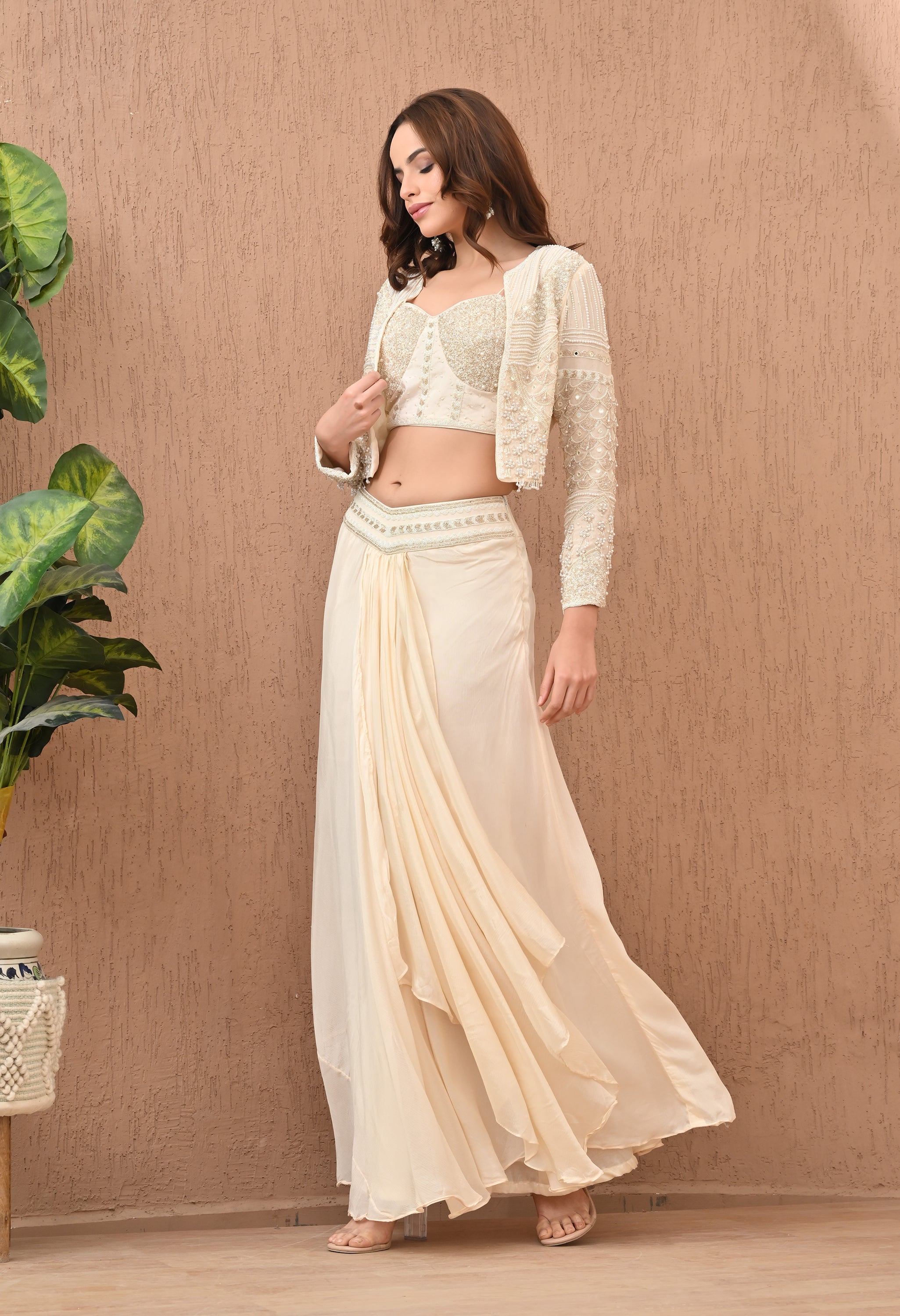 UMA SUTRA Fusion Embroidered Jacket Set with Heavy Embellished Blouse & Flared Pants – Indo Western Glam