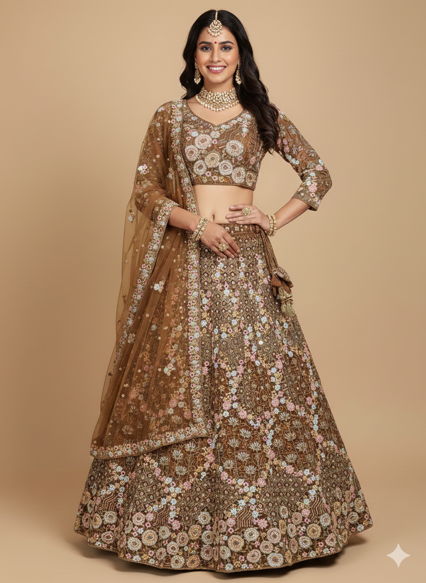 Elevate Your Ethnic Elegance: Hand-Embellished Brown Floral Lehenga Set from UMA SUTRA