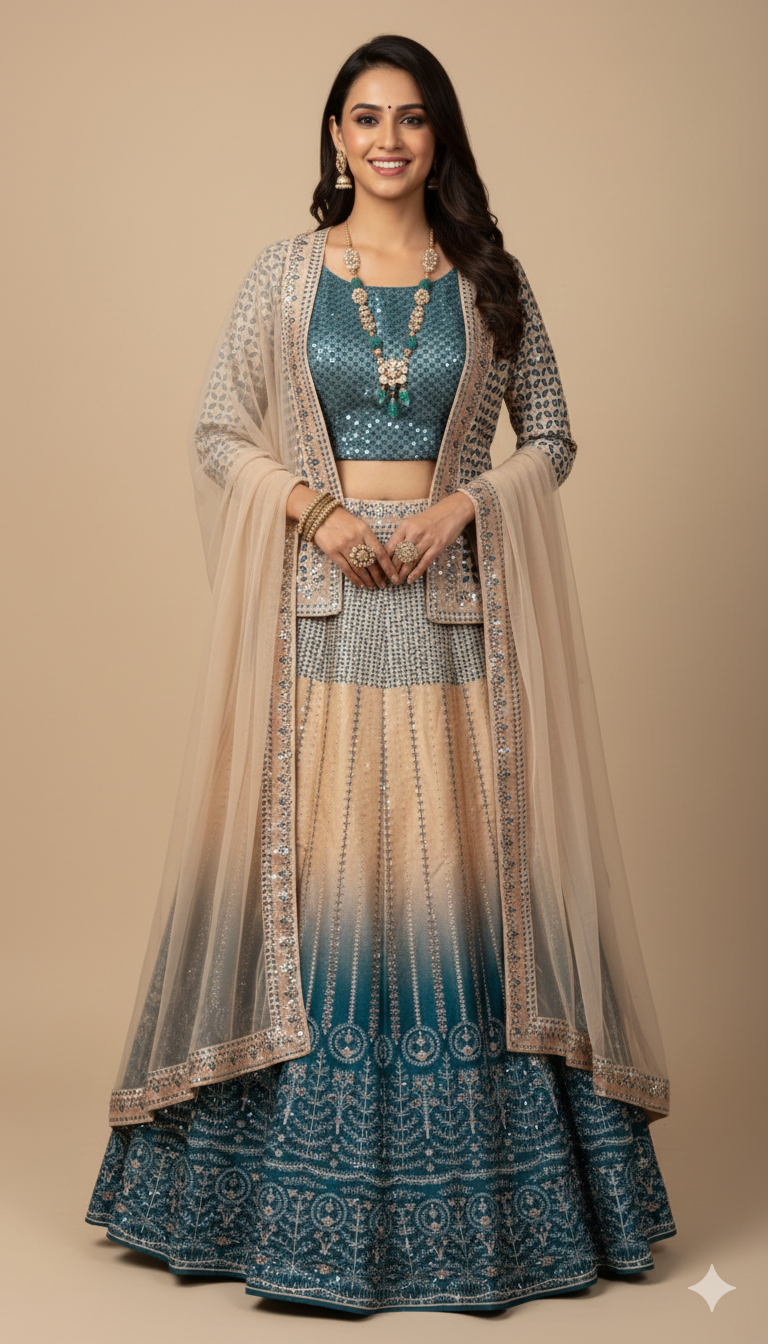 UMA SUTRA Teal & Beige Embroidered Lehenga Set with Sequined Blouse and Sheer Dupatta