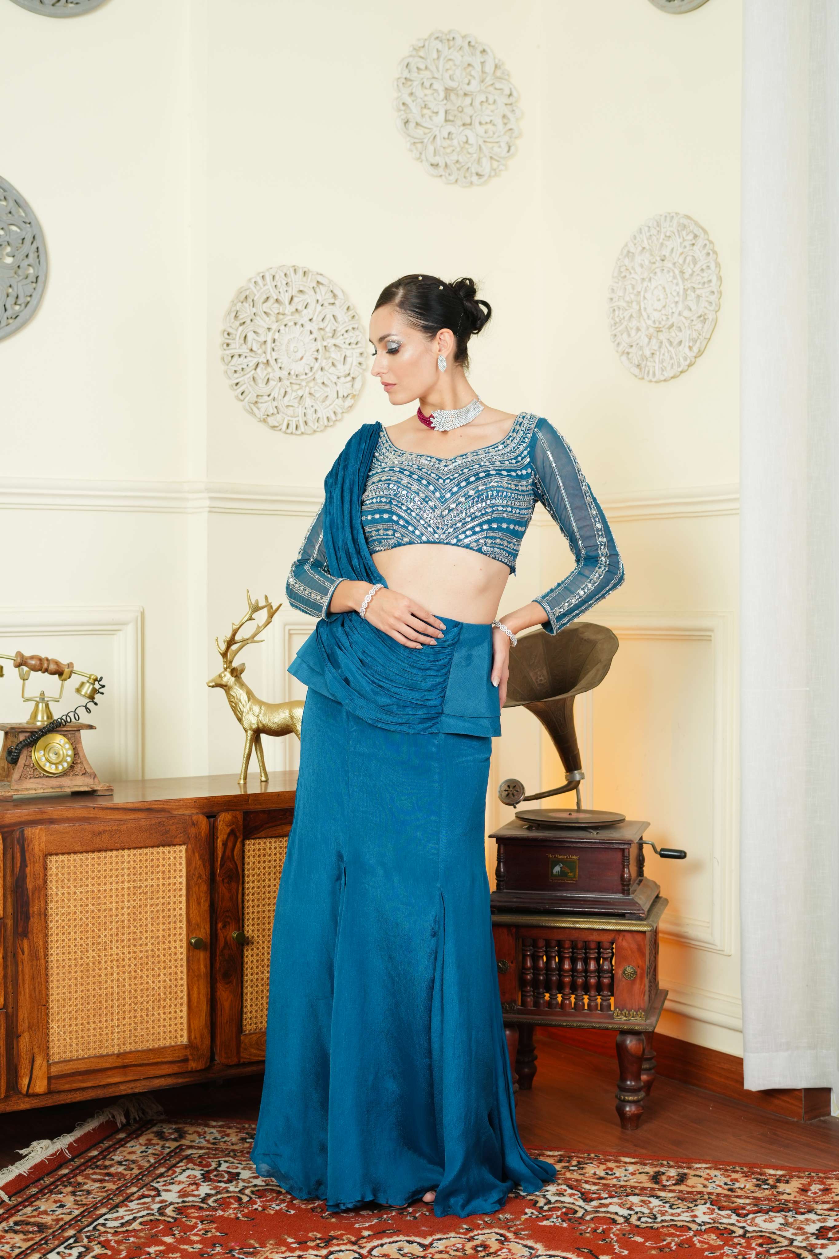 Teal Blue Saree Lehenga Style Indo Western with Stone & Sequins Work by UMA SUTRA