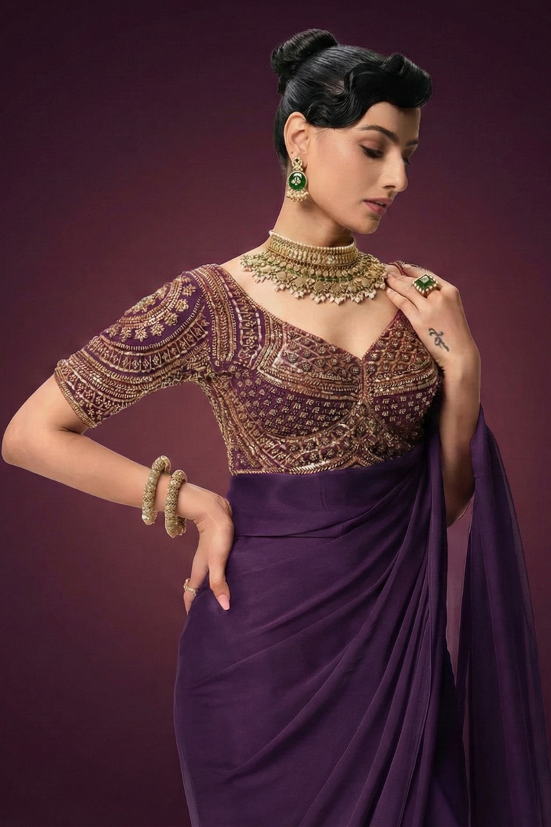 UMA SUTRA Sabya-Inspired Cut-Dana Blouse – Luxury Handcrafted Statement purple colour 
