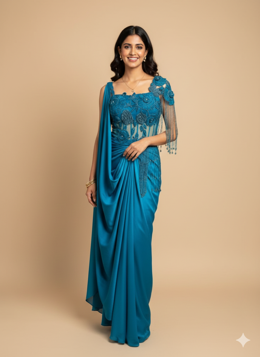 UMA SUTRA Teal Floral Embroidered Indo-Western Drape Ensemble