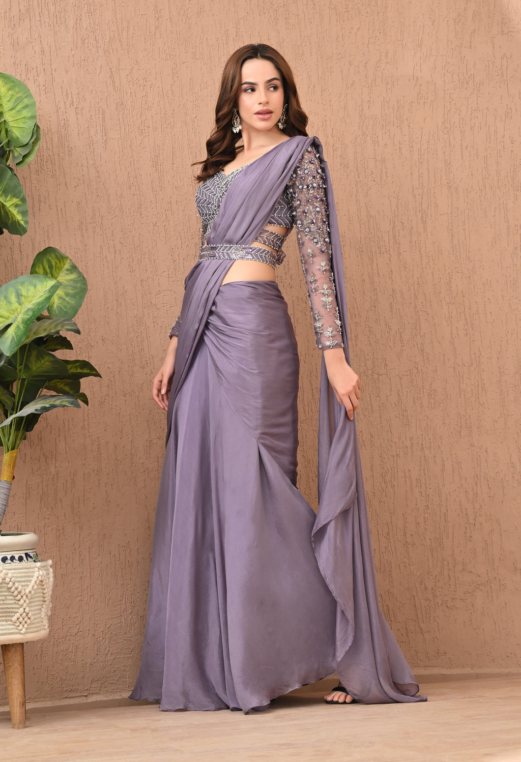 UMA SUTRA Lavender Pearl Work Heavy Blouse with Pre-Draped Saree