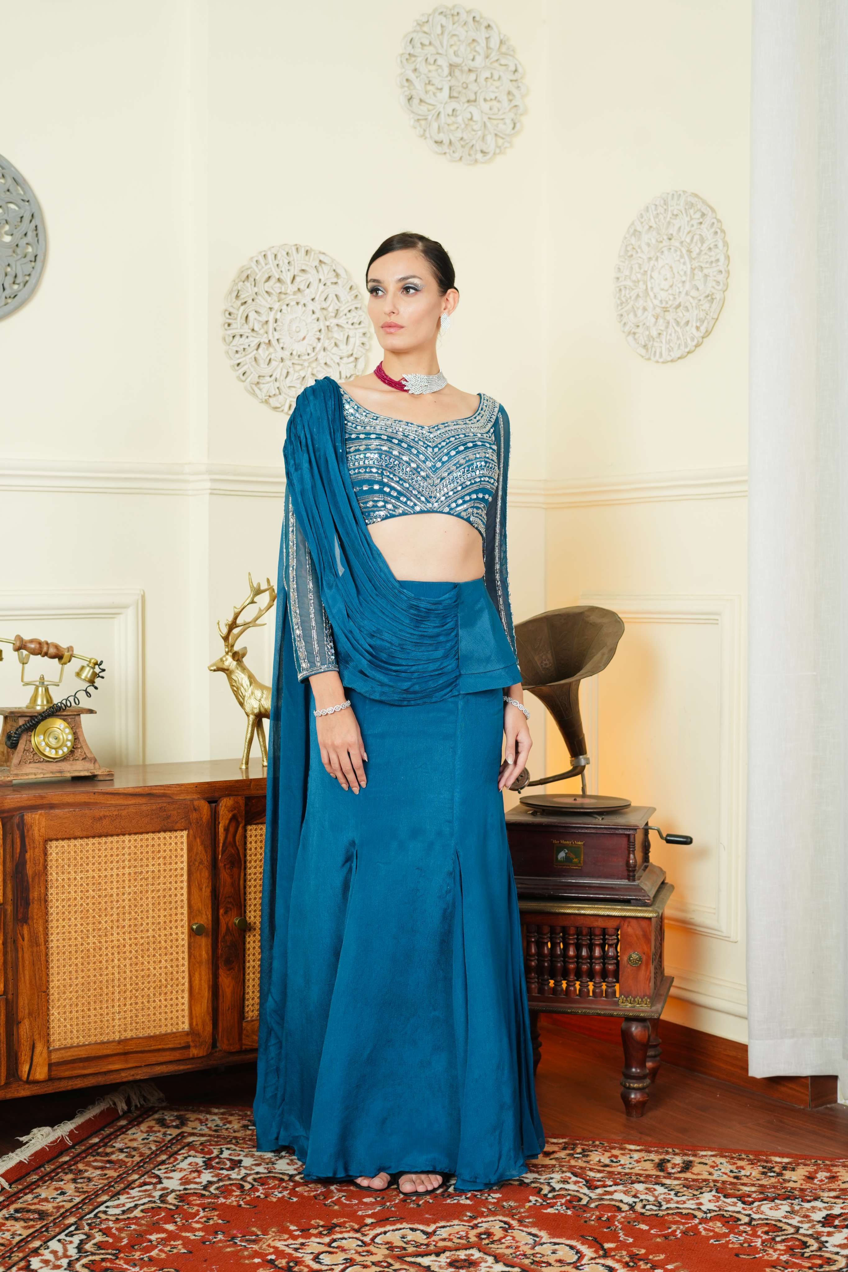 Teal Blue Saree Lehenga Style Indo Western with Stone & Sequins Work by UMA SUTRA