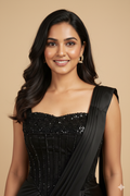 UMA SUTRA Black Sequin Corset Pre-Stitched Saree – Luxury Cocktail & Evening Wear