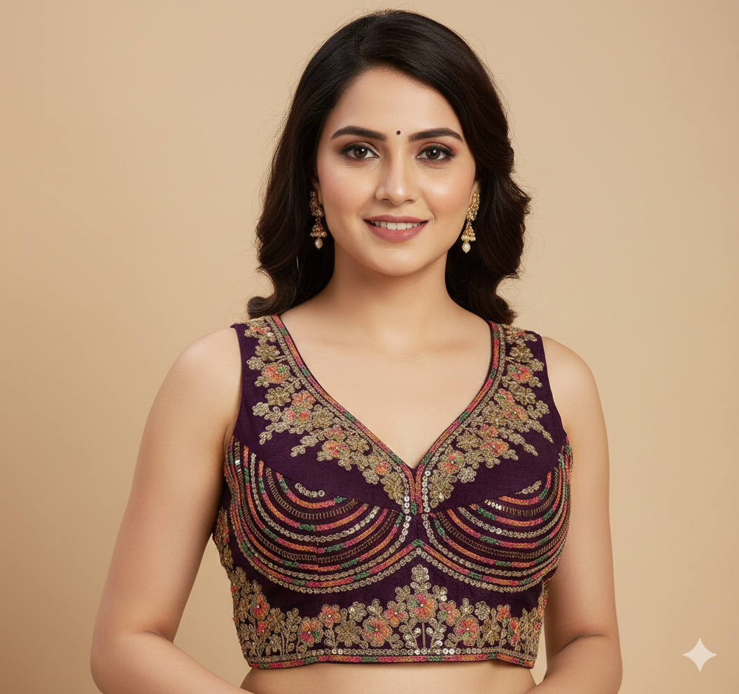 ​UMA SUTRA | The Aavya Embroidered Silk Bustier Blouse maroon