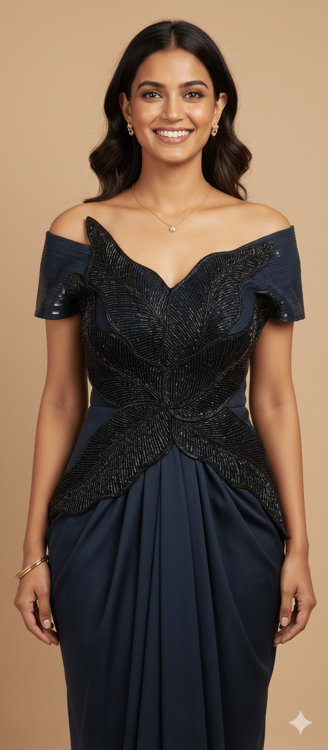 UMA SUTRA Midnight Bloom Drape Gown – Off Shoulder Embellished Statement Ensemble