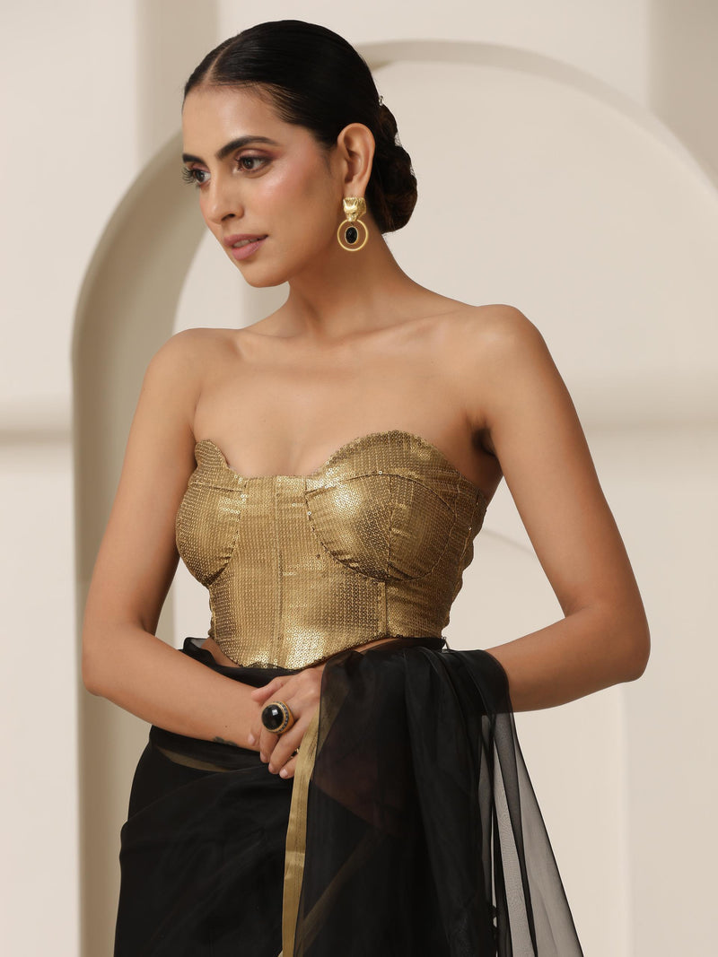 UMA SUTRA Golden Sequin Corset Blouse with Side Zip & Lace-Up Back side view 