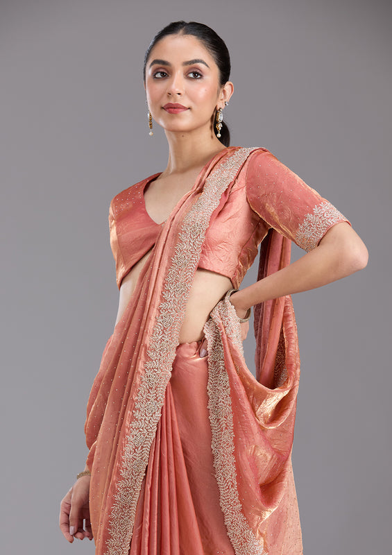 UMA SUTRA Tissue Saree with Gold Stonework Embroidery