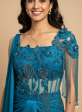 UMA SUTRA Teal Floral Embroidered Indo-Western Drape Ensemble
