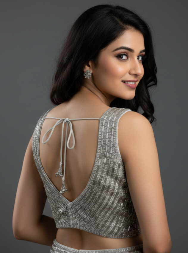 UMA SUTRA Silver Cut Dana Work Designer Blouse back view 