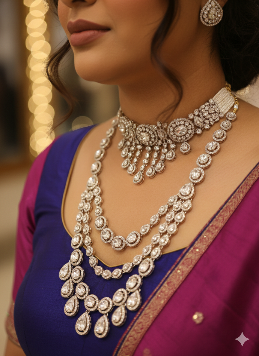 UMA SUTRA Luxury Layered Stone Necklace Set (Choker + Long Haar + Earrings)