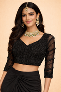 Black Beaded Designer Blouse with Draped Skirt Set