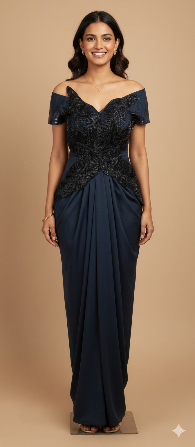 UMA SUTRA Midnight Bloom Drape Gown – Off Shoulder Embellished Statement Ensemble