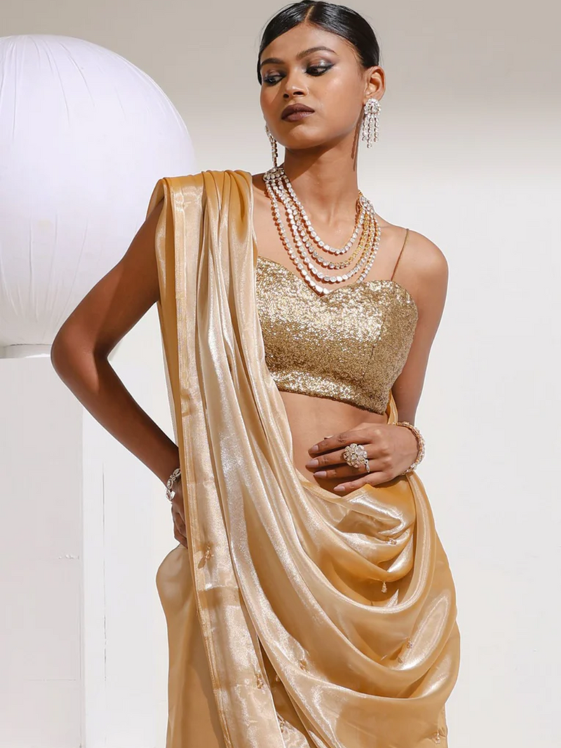 UMA SUTRA Gold Sequin Blouse with Shoulder Straps & Back Tie-Up full view 