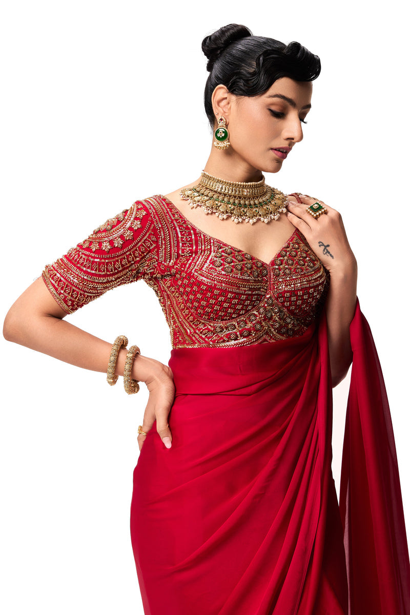 UMA SUTRA Sabya-Inspired Cut-Dana Blouse – Luxury Handcrafted Statement red