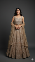 UMA SUTRA Champagne Gold Embroidered Lehenga Set with Designer Blouse & Dupatta