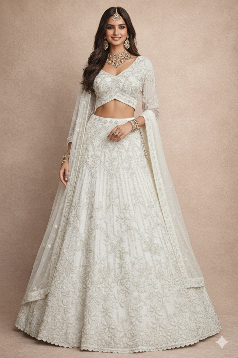Embroidered Bridal Lehenga Set with Handcrafted Blouse Detailing off white