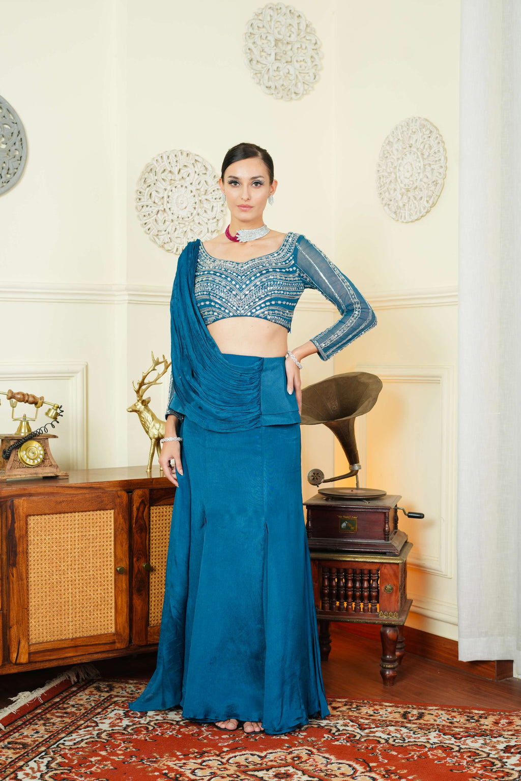 Teal Blue Saree Lehenga Style Indo Western with Stone & Sequins Work by UMA SUTRA full view