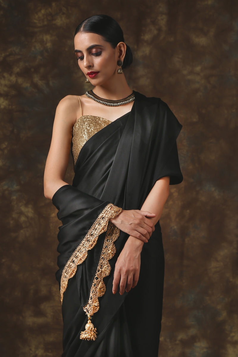 UMA SUTRA Gold Sequin Blouse with Shoulder Straps & Back Tie-Up with saree