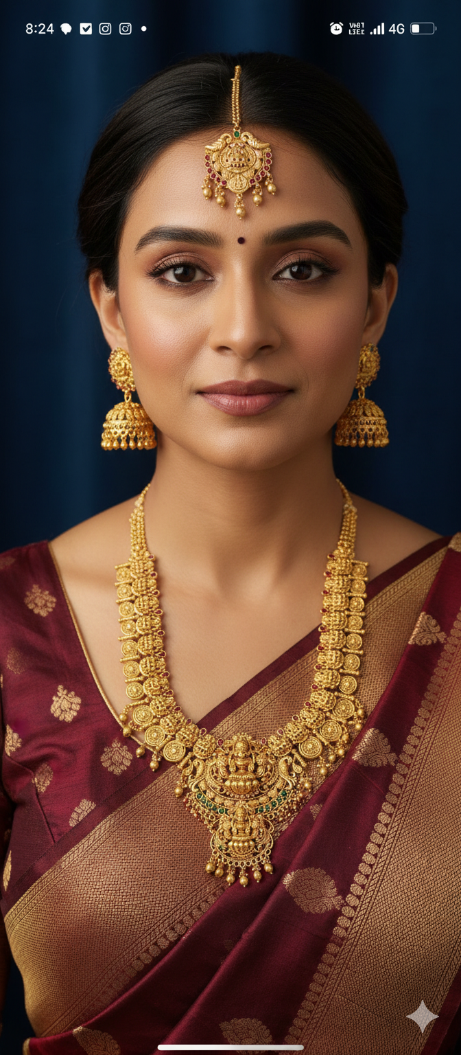 UMA SUTRA – Royal Temple Long Necklace Set with Maang Tikka & Jhumkas