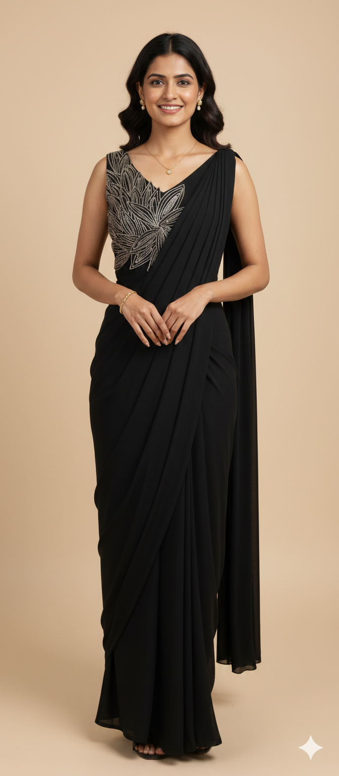 UMA SUTRA Black Pre-Draped Saree with Statement Floral Blouse