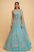 UMA SUTRA Embroidered Tulle Lehenga Choli Set with Fringe Detail blue colour 