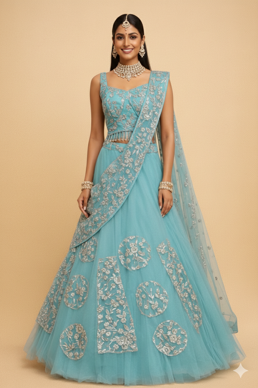 UMA SUTRA Embroidered Tulle Lehenga Choli Set with Fringe Detail blue colour 