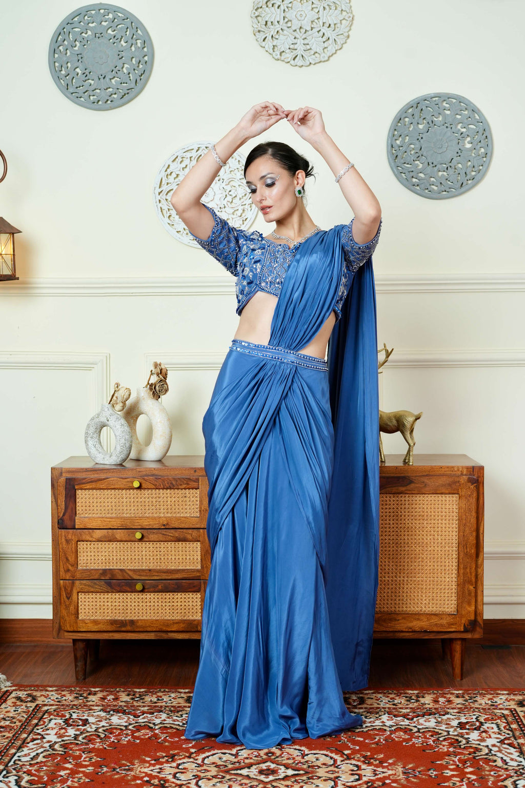 UMA SUTRA Lavender Pre-Stitched Saree with Intricate Embroidery & Deep V Back Blouse full view 