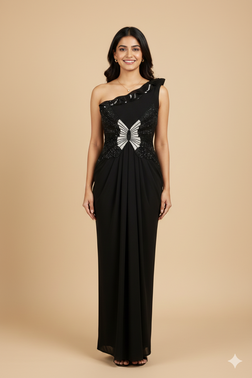 UMA SUTRA Black Butterfly One-Shoulder Evening Gown