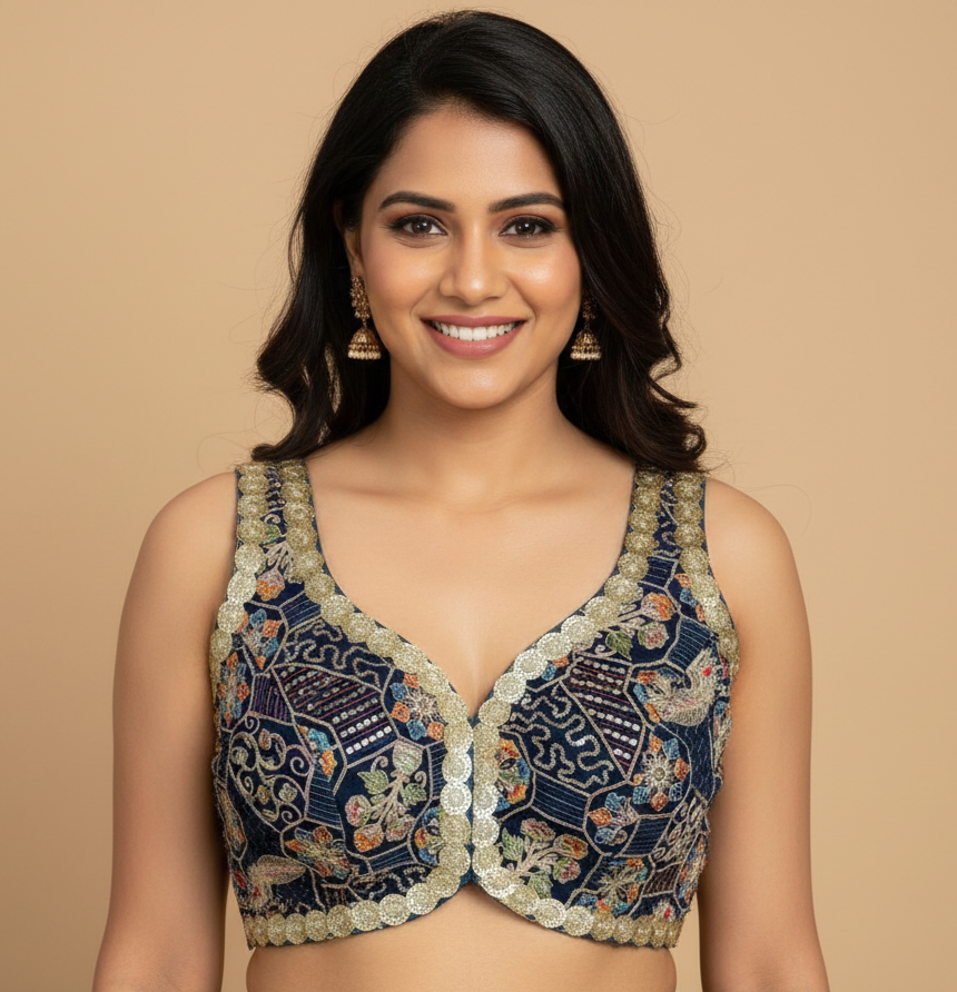 UMA SUTRA Designer Embroidered V-Neck Blouse – Premium Festive & Wedding Wear