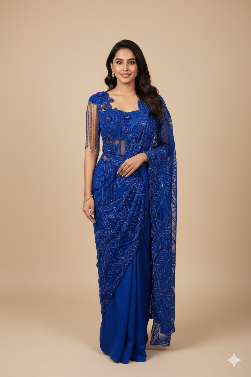 UMA SUTRA Royal Blue Embroidered Pre-Draped Saree with 3D Floral Blouse