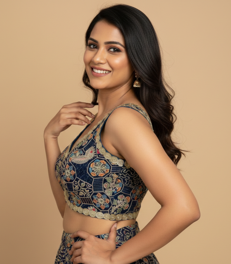 UMA SUTRA Designer Embroidered V-Neck Blouse – Premium Festive & Wedding Wear navy blue