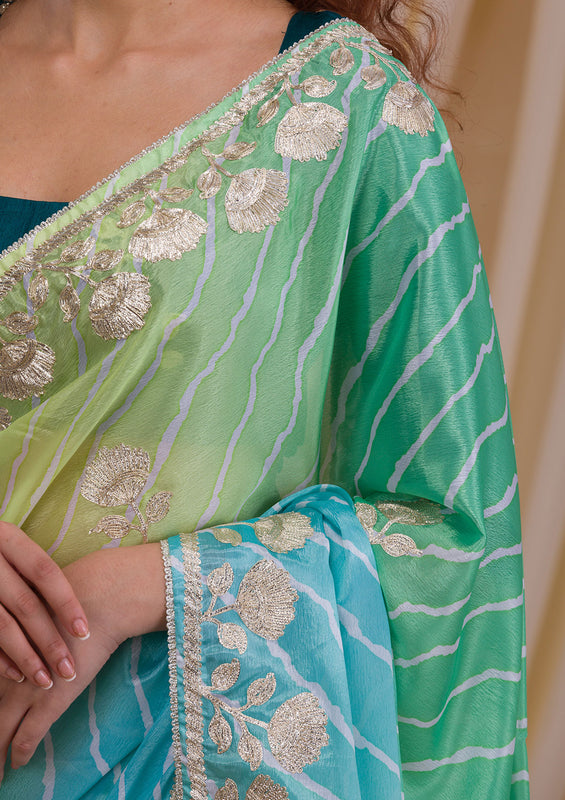 Uma Sutra semi crape gotapatti work saree closeup 