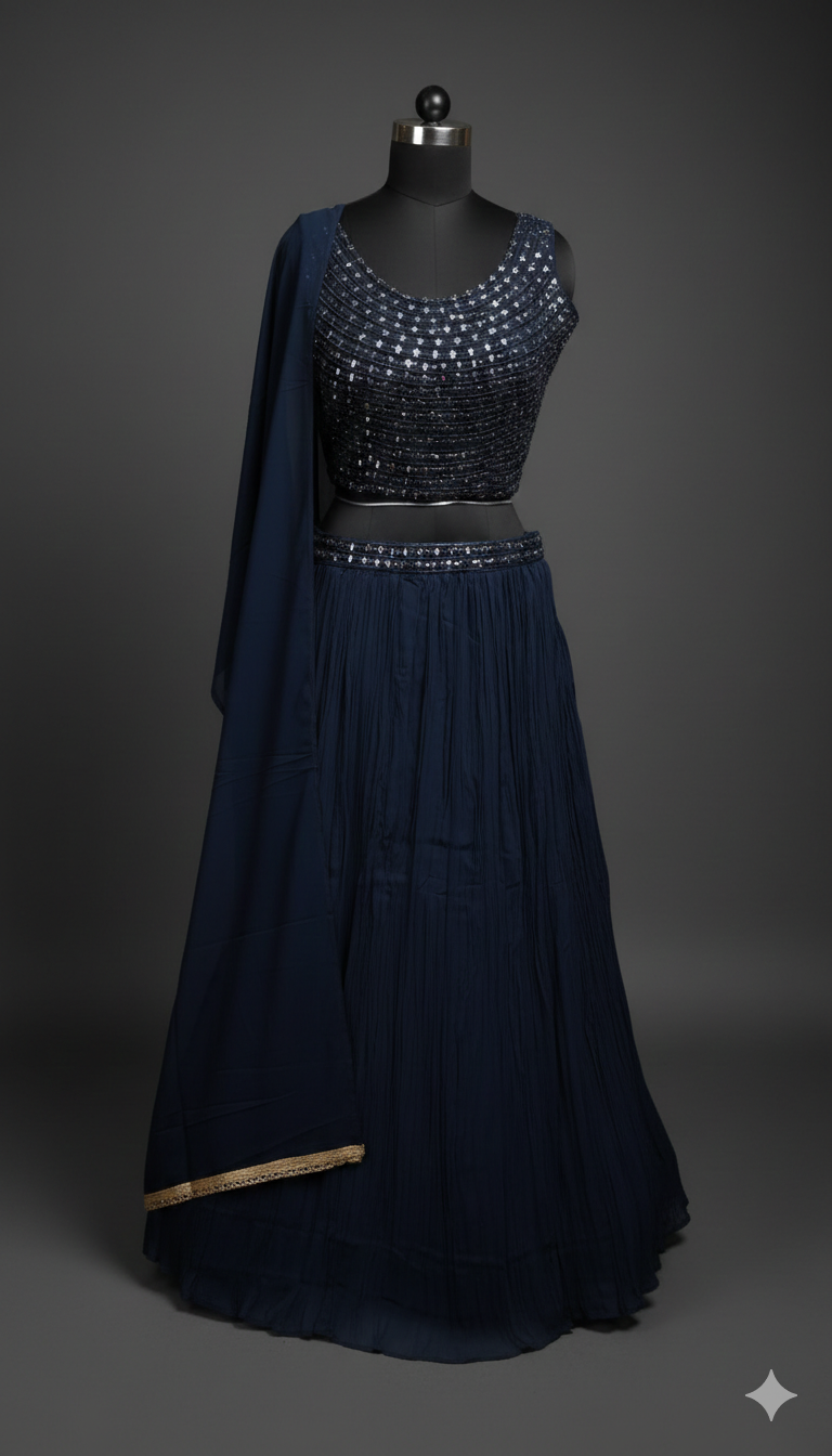 Midnight Elegance Navy Blue Sequin Lehenga Set with Dupatta – UMA SUTRA