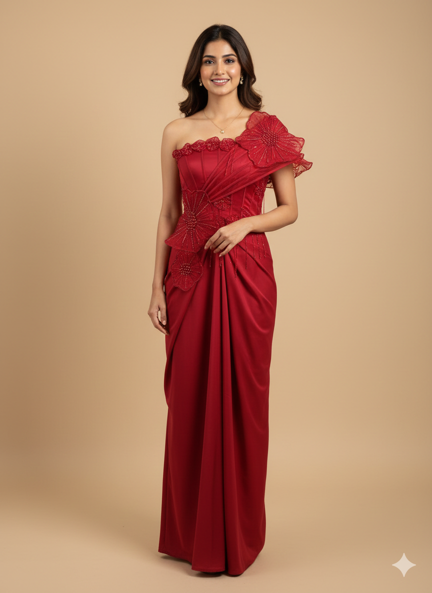 UMA SUTRA Scarlet Bloom One-Shoulder Pre-Draped Gown