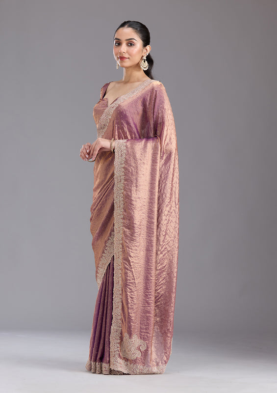 UMA SUTRA Tissue Saree with Gold Stonework Embroidery full view 